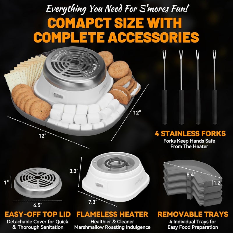 JoyMech Smores Maker Tabletop Indoor Kit, Indoor Marshmallow Roaster, Flameless Electric S'mores Maker, Smores Maker with 4 Detachable Tray & Roasting Sticks, Gift for family & Date Night, Grey - Image 3